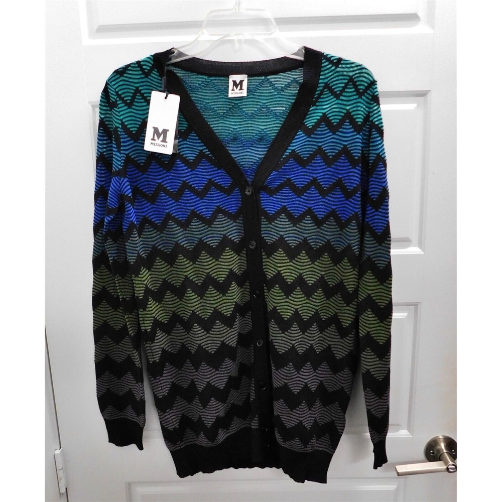 New‎ M Missoni Italy Black Multi Knit Cardigan Sweater sz 44
